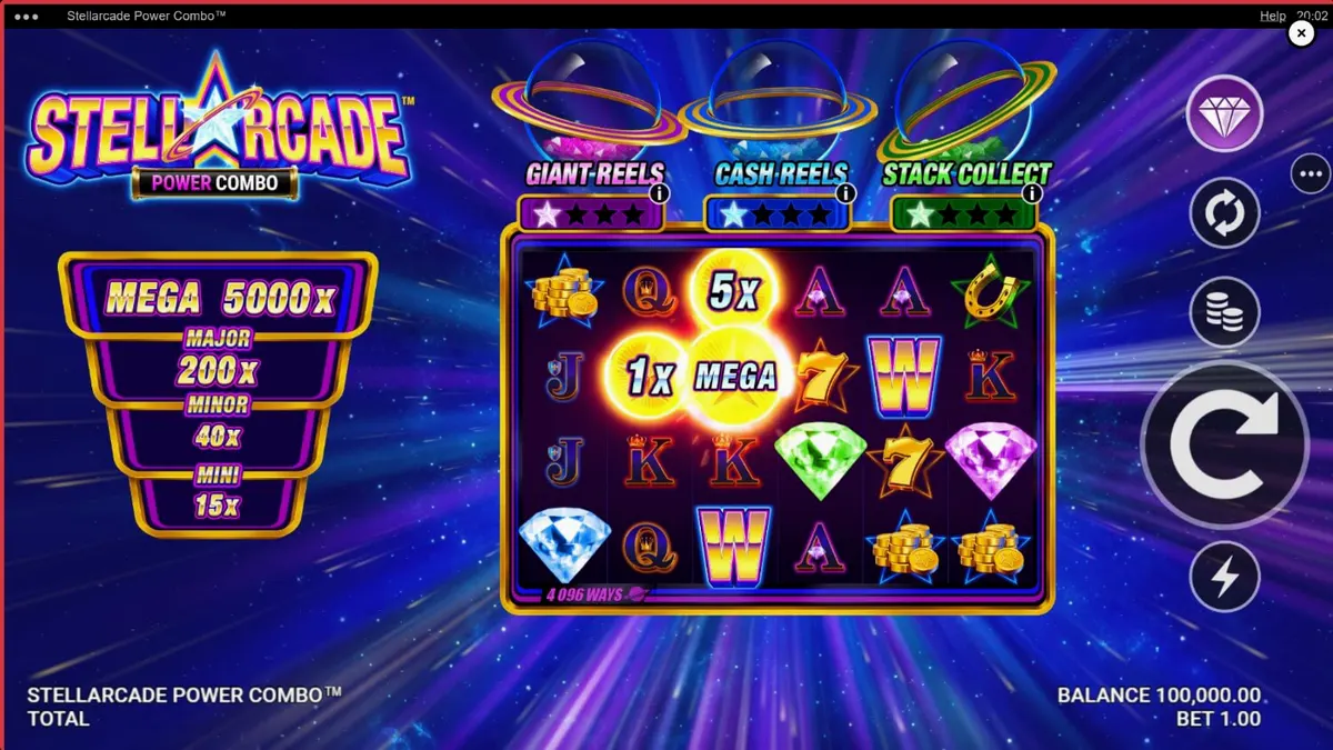 Interface neon do jogo Stellarcade Power Combo com símbolos de arcade e espaço
