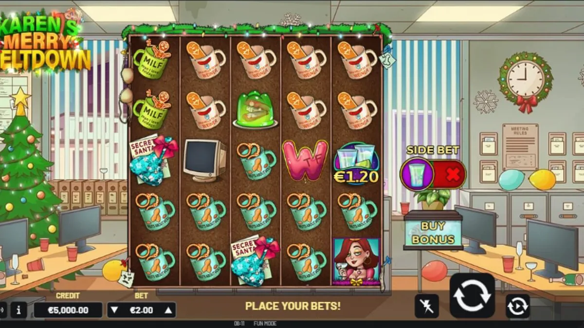Visual vibrante e caótico do slot Karen’s Merry Meltdown com tema de Natal corporativo