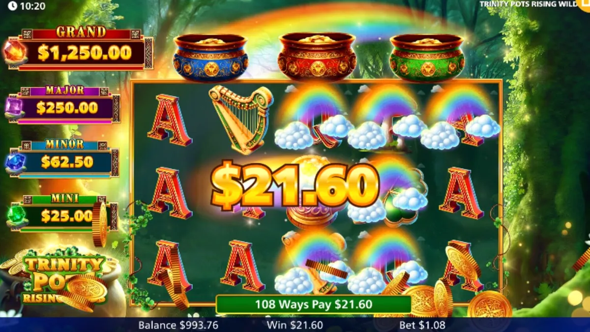 Interface vibrante do slot Trinity Pots Rising Wilds com tema irlandês