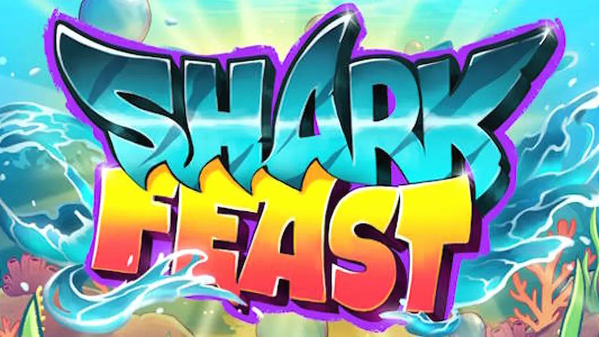 Cena vibrante e colorida do jogo Shark Feast com criaturas marinhas em um festival neon.
